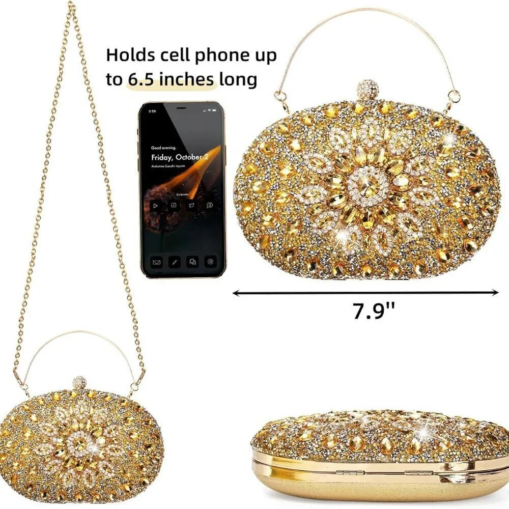 Rhinestone Evening Clutch Bag Gold Sparkling Glitter Wrist Prom Party